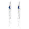wholesale 925 Sterling Silver Blue Glitter Crescent Moon & Stars Threader Drop Dangle Earrings w/ Tassels for Girls and Women-0-0