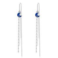 wholesale 925 Sterling Silver Blue Glitter Crescent Moon & Stars Threader Drop Dangle Earrings w/ Tassels for Girls and Women-Moon Night