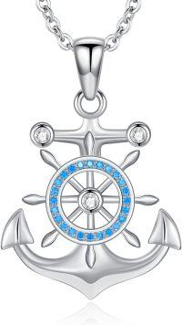 wholesale 925 Sterling Silver Blue Crystal Nautical Ship Wheel & Anchor Pendant Necklace s for Women and Girls-Blue Anchor Compass Necklace