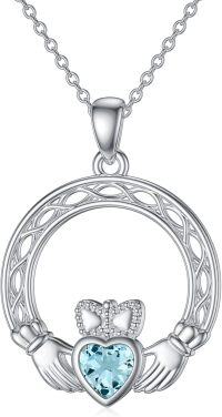 wholesale 925 Sterling Silver Claddagh Necklace w Simulated Birthstone Celtic Knot Heart Pendant-3-March
