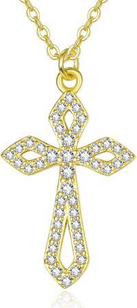 wholesale 925 Sterling Silver Heart Cross Ekg Necklace-Gold Cubic Zirconia Cross-Gold Cubic Zirconia Cross