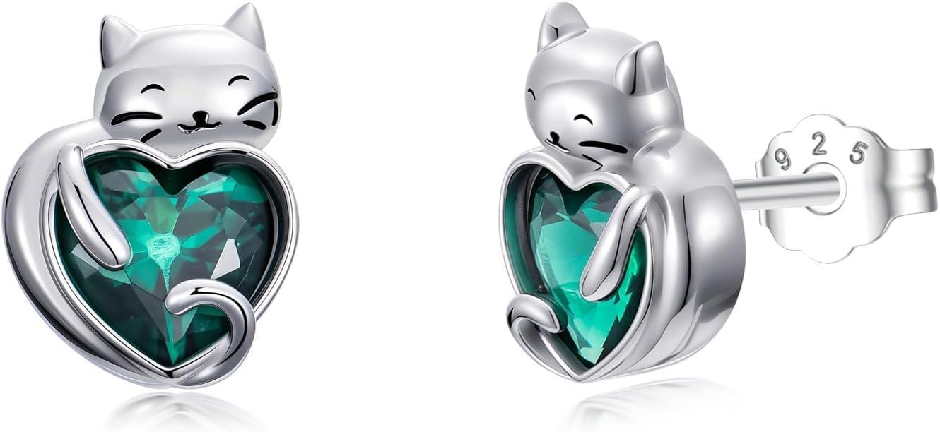 wholesale 925 Sterling Silver May Emerald Cat Stud Earrings 10-13mm, Cute Elegant Gift for Cat Lovers-0-0