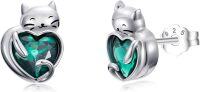 wholesale 925 Sterling Silver May Emerald Cat Stud Earrings 10-13mm, Cute Elegant Gift for Cat Lovers-05-May-Emerald