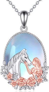 wholesale 925 Sterling Silver Unicorn and Girl with Flowers Pendant Necklace for Women-Moonstone horse and women necklace