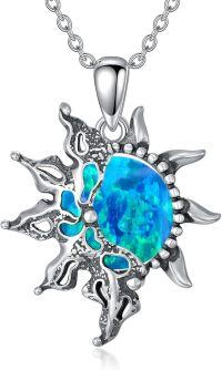 wholesale S925 Sterling Silver Pink Opal Sun Pendant Necklace, Adjustable Chain, Unique Oxidation Effect, Stylish Gift for Women & Men-blue