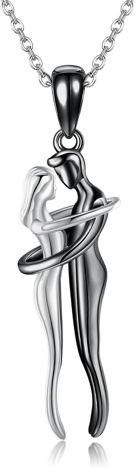 Sterling Silver Hug Couple Pendant Necklace Valentine s Anniversary Gift for Women Wife Lover-0-0