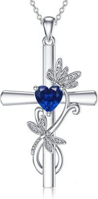 wholesale 925 Sterling Silver Birthstone Dragonfly Cross Pendant Necklace for Women-09-September