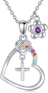 wholesale Gold Cubic Zirconia Cross Necklace Birthstone Jewelry for Women Baptism Communion Confirmation Gifts-02-amethyst-Feb