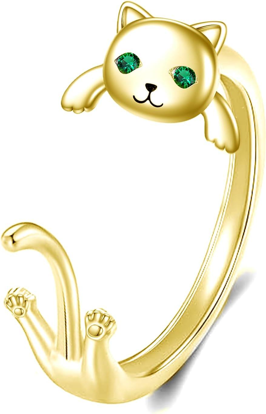 Sterling Silver Gold Plated Black Cat Open Ring for Women Men-0-0