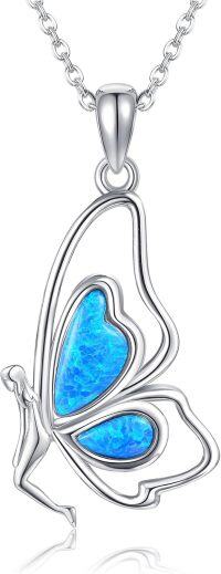 wholesale 925 Sterling Silver Blue Opal Heart Pendant Necklace for Women-Butterfly