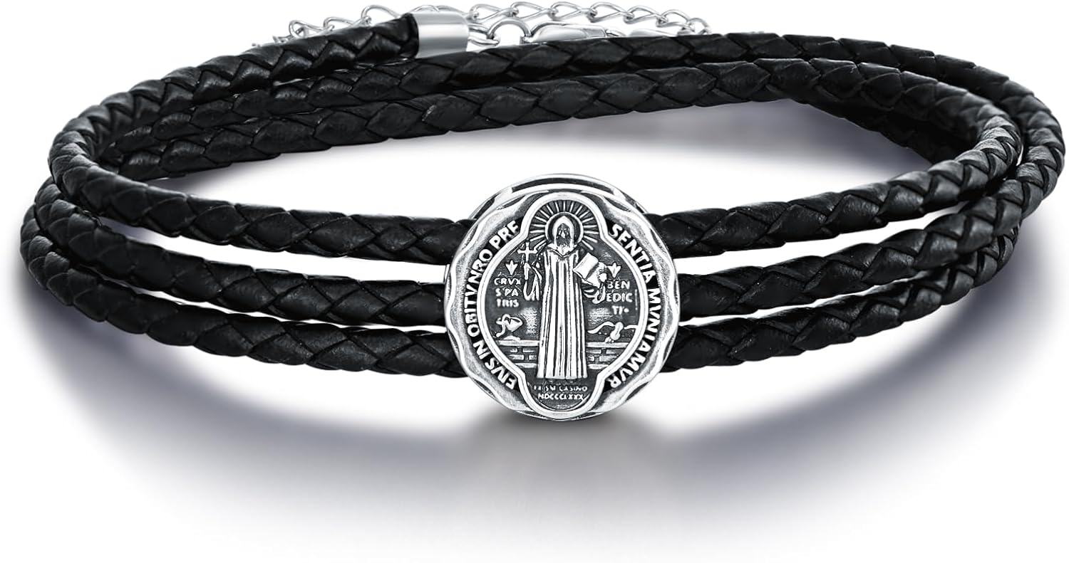 wholesale 925 Sterling Silver Black Leather Saint Benedict and Saint Jude Charm Bracelet Gift for Men-0-0