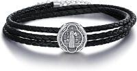 wholesale 925 Sterling Silver Black Leather Saint Benedict and Saint Jude Charm Bracelet Gift for Men-St Benedict