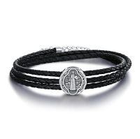 wholesale 925 Sterling Silver Saint Benedict Medal Black Braided Leather Wrap Bracelet-St Benedict