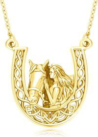 wholesale Sterling Silver Celtic Knot Horse Pendant Necklace with Horseshoe Gift for Women-Yellow Gold