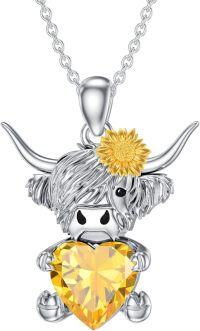 wholesale Metal Stone Highland Cow Pendant Necklace w Heart Birthstone Women s Gift-November