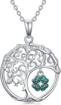 wholesale 925 Sterling Silver Celtic Tree of Life with Green Clovers Pendant Necklace-Four Clover-Tree of Life
