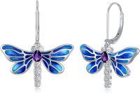wholesale 925 Sterling Silver Dragonfly Leverback Drop Dangle Earrings with Blue Enamel and Purple Gemstone-