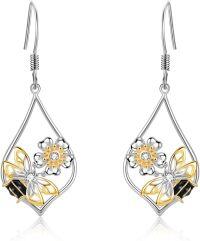 wholesale 925 Sterling Silver Metal Butterfly and Flower Teardrop Dangle Earrings for Women Mom Gift Leverback Jewelry-19-Dangle-Bee