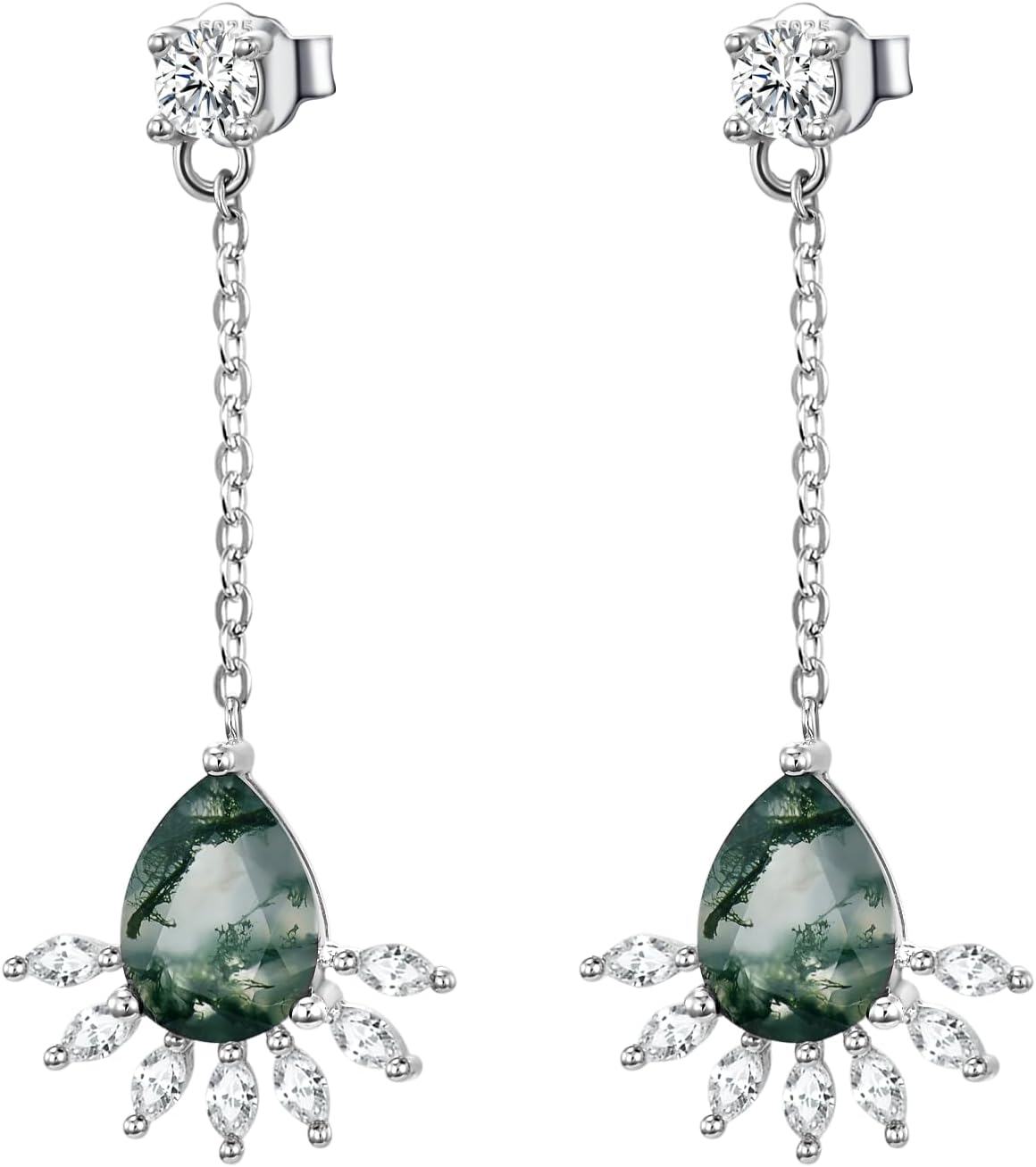 Sterling Silver Moss Agate Dangle Earrings for Women-02-Moss agate dangle earrings