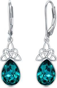 wholesale Sterling Silver Crystal Leverback Celtic Knot Birthstone Drop Earrings for Women-May Birthstone-Simulated Emerald