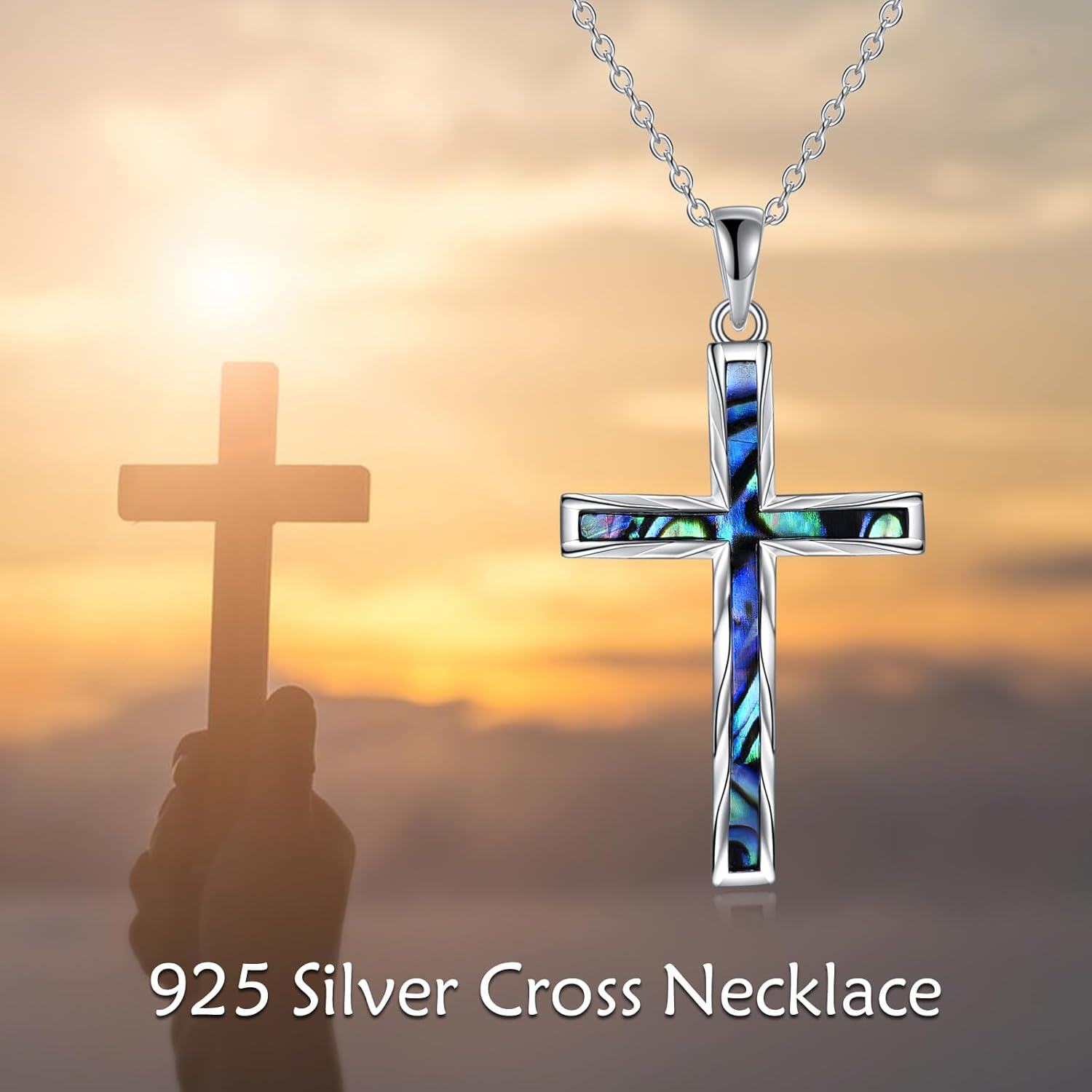 wholesale 925 Sterling Silver Blue Abalone Shell Inlay Cross Pendant Necklace-0-5