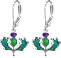 wholesale 925 Sterling Silver Green Enamel Thistle Flower Drop Earrings Leverback  for Women Girls-Green scottish thistle earrings