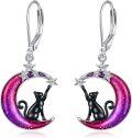 wholesale 925 Sterling Silver Purple Glitter Crescent Moon with Black Cat and Stars Leverback Earrings-0-0