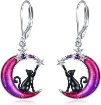 wholesale 925 Sterling Silver Purple Glitter Crescent Moon with Black Cat and Stars Leverback Earrings-Colorful Moon Cat Earrings