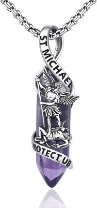 wholesale 925 Sterling Silver Purple Quartz Saint Michael Guardian Angel Protect Us Pendant Necklace  for Men-Purple Grey