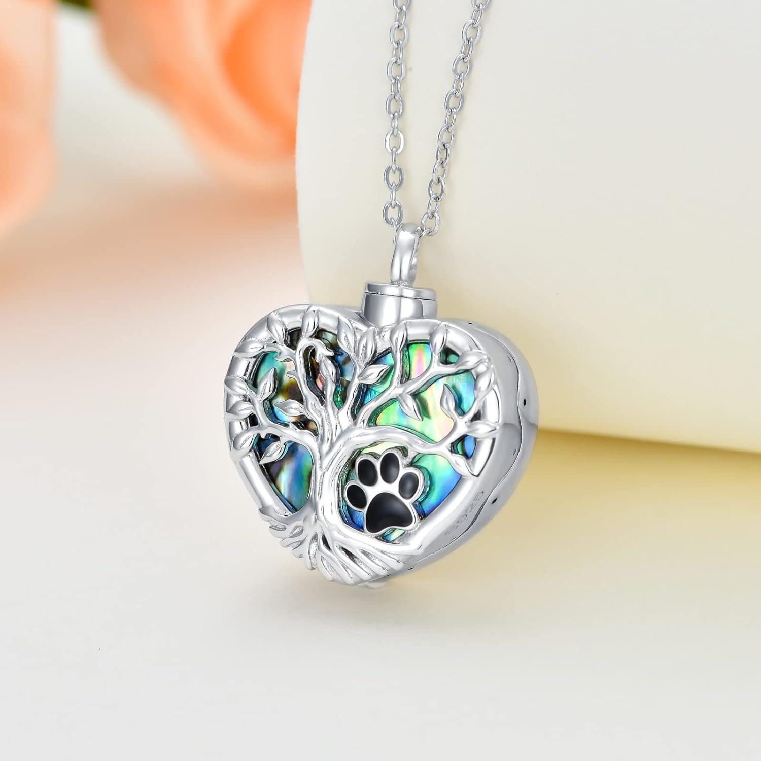 925 Sterling Silver Heart Shaped Abalone Shell Tree of Life Paw Print Keepsake Pendant Necklace for Ashes Memorials-0-1