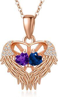 wholesale Sterling Silver 2 Birthstones Angel Wings Necklace for Women-02-09-Feb-Sept