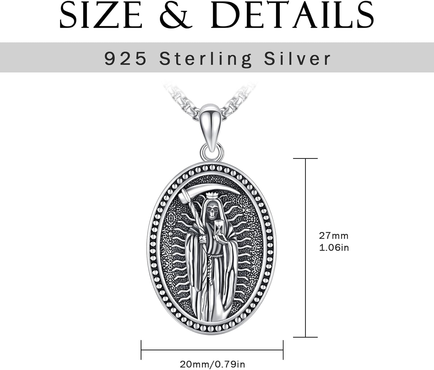 wholesale 925 Sterling Silver Santa Muerte Grim Reaper Pendant Necklace with Stainless Steel Chain Gothic Jewelry for Men-0-2