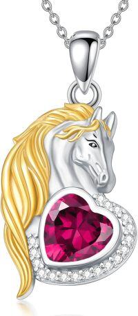 wholesale 925 Sterling Silver Synthetic Birthstone Horse Pendant Necklace Gift for Women-July - Ruby