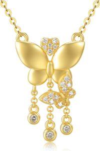 wholesale  14K Yellow Gold White Moissanite Butterfly Heart Pendant Necklace, Elegant Adjustable Chain, Gift for Women, Wife, Mother, 16 Stones-14K-Yellow