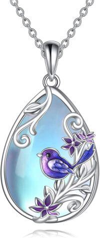 wholesale 925 Sterling Silver Teardrop Purple Moonstone Bird Flower Pendant Necklace-Bird necklace