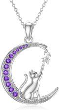 wholesale 925 Sterling Silver Moon & Purple CZ Cat Pendant Necklace Gifts for Women Girls Cats Lover Charm Jewelry-0-0