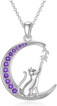wholesale 925 Sterling Silver Moon & Purple CZ Cat Pendant Necklace Gifts for Women Girls Cats Lover Charm Jewelry-purple cat