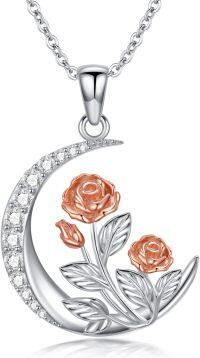 wholesale 925 Sterling Silver Crescent Moon & Roses Pendant Necklace for Women - Mother's Day Gifts-Rose
