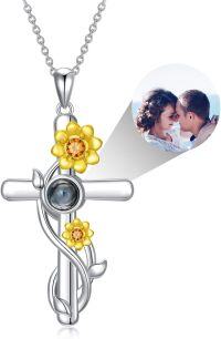 wholesale 925 Sterling Silver 925 Personalized Photo Projection Yellow Flower Cross Pendant Necklaces for Women & Girls-C-Sunflower-Customized Photo-C1-Sunflower-Customized Photo-C-Sunflower