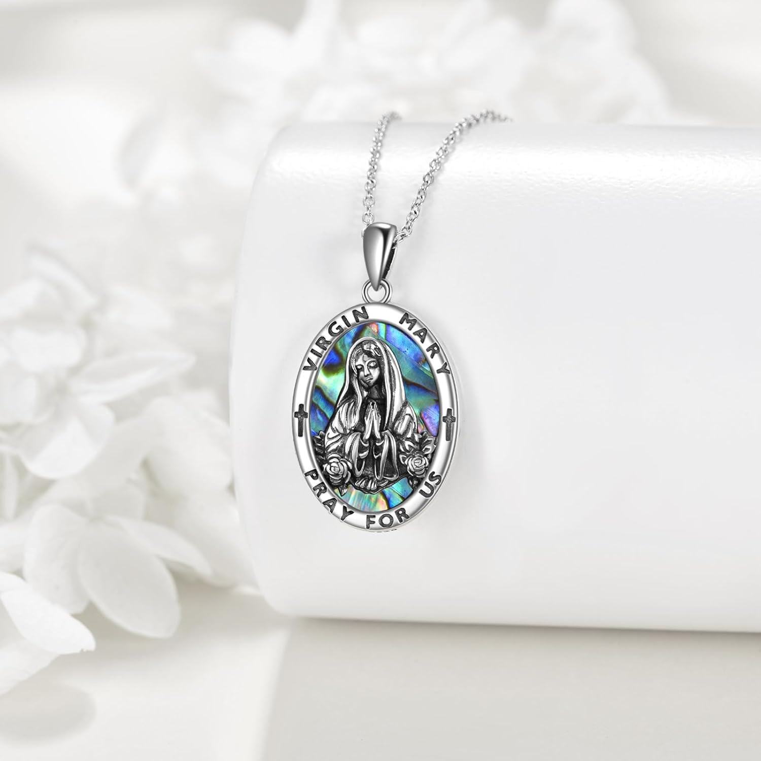 wholesale 925 Sterling Silver Virgin Mary Medal Pendant Necklace with Abalone Shell and Crosses for Women Catholic Christian Gifts-0-1