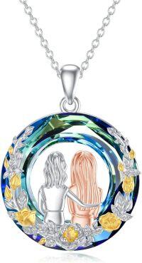 wholesale 925 Sterling Silver Round Crystal Flower Girl Best Friend Pendant Necklaces Gifts for Her Mother's Day Jewelry Present Ideas-2 Sisters-Blue Crystal