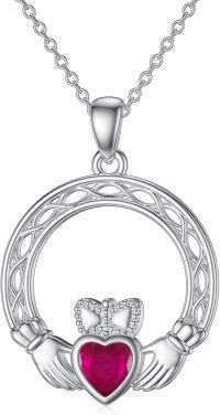 wholesale 925 Sterling Silver Claddagh Necklace w Simulated Birthstone Celtic Knot Heart Pendant-7-July