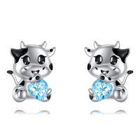 wholesale 925 Sterling Silver Hypoallergenic Blue Crystal Cow Stud Earrings for Girls and Teenagers-Cow