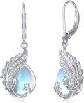 wholesale 925 Sterling Silver Peacock Feather Moonstone Leverback Dangle Drop Earrings for Women-0-0