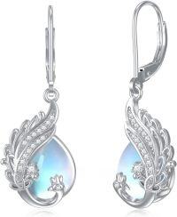 wholesale 925 Sterling Silver Peacock Feather Moonstone Leverback Dangle Drop Earrings for Women-41-Peacock Moonstone Earrings