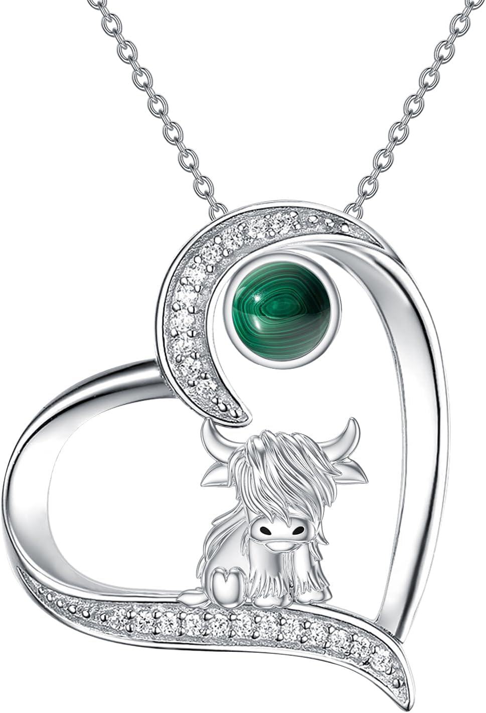 Sterling Silver Highland Cow Birthstone Necklace Jewelry Gifts for Women Girls-3-8-Malachite-3-8-Malachite
