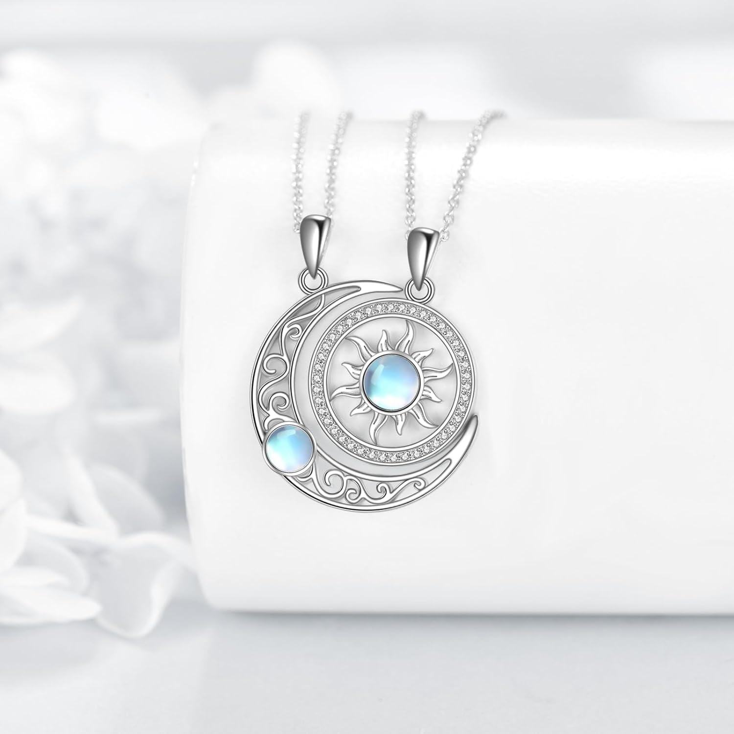 Sterling Silver Couples BFF Necklace w Cross Yin Yang Sun Moon Mountain Wave Pendant-0-3