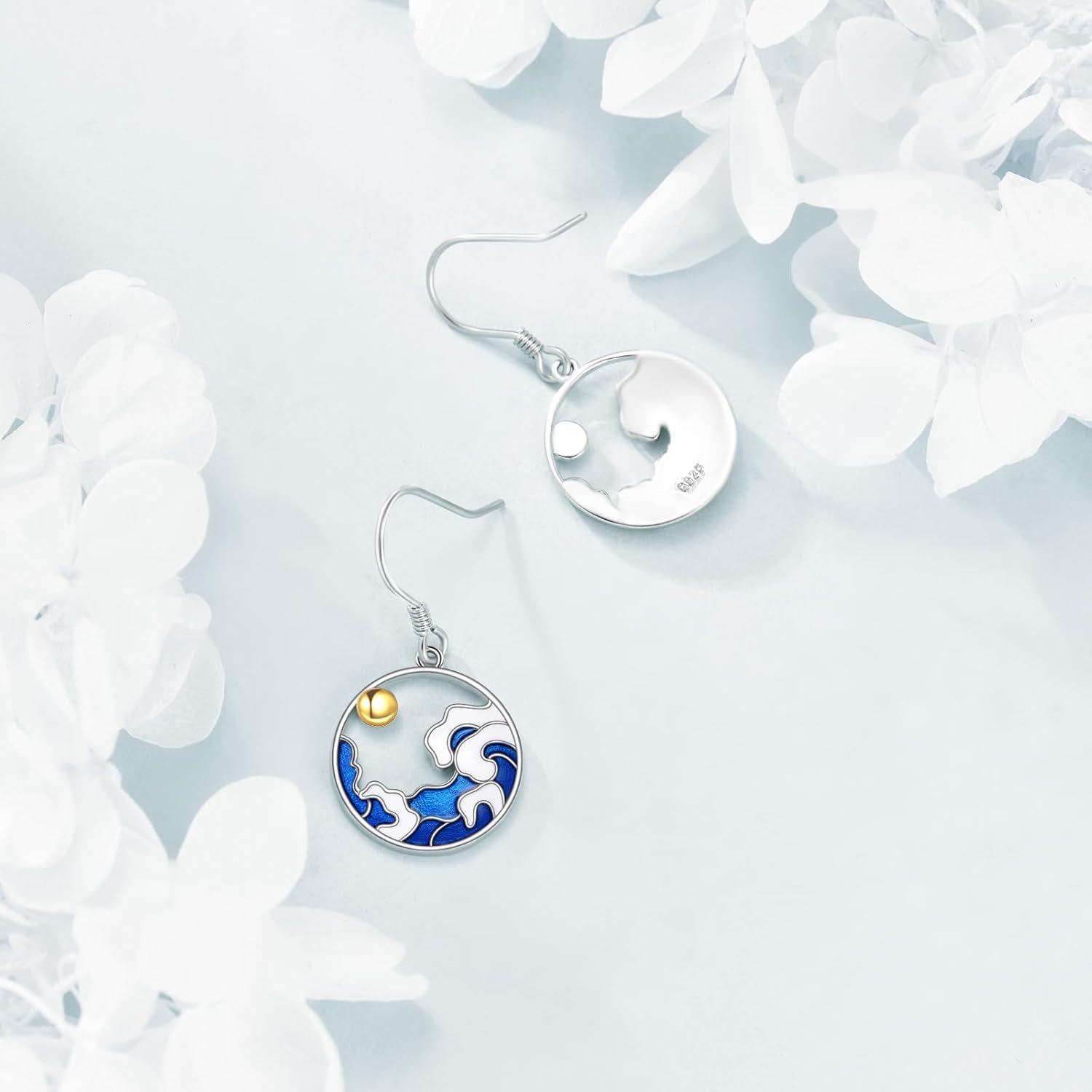 925 Sterling Silver Ocean Wave Blue Enamel Drop Earrings for Women-0-4