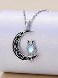 wholesale 925 Sterling Silver Owl on Crescent Moon Pendant Necklace with Blue Stone Accent-0-3