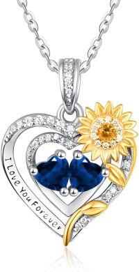 wholesale Sterling Silver 2 Birthstones Sunflower Heart Necklace for Women-09-09-Sept-Sept